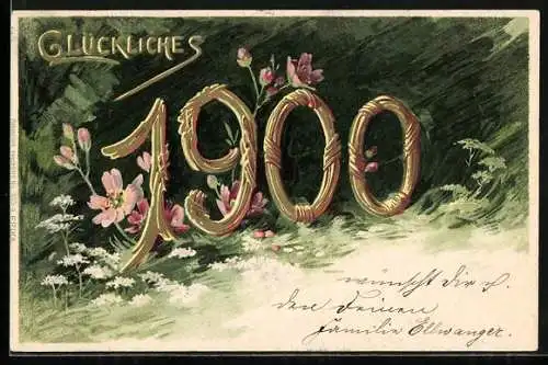 AK Jahreszahl 1900 auf einer Blumenwiese, Glückliches 1900
