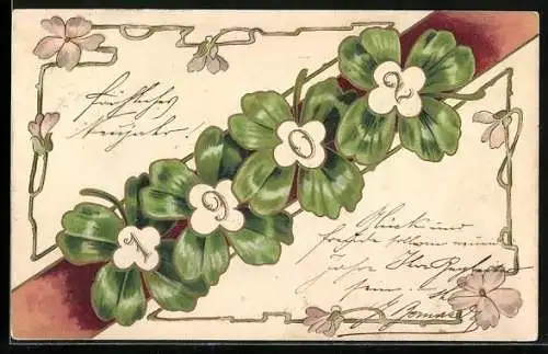 Lithographie Viel Glück zum neuen Jahre, Jahreszahl 1902 auf Klee