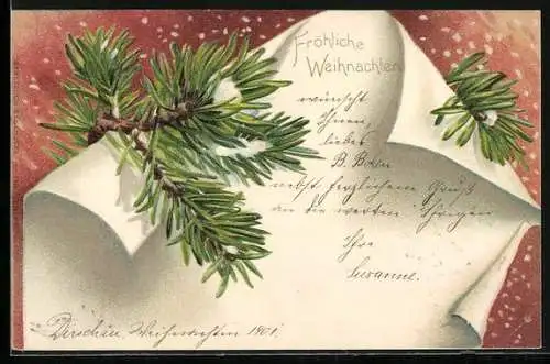 AK Zettel mit Tannenzweigen im Schnee, Fröhliche Weihnachten