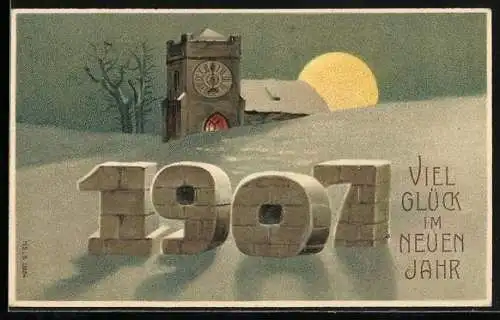 AK Jahreszahl und Turmuhr im Winter, Neujahrsgruss 1907