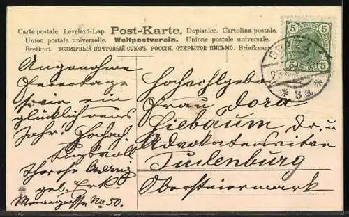 AK Jahreszahl und Turmuhr im Winter, Neujahrsgruss 1907