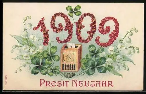 Präge-AK Jahreszahl aus Blumen mit Kleeblättern, Postkasten, Neujahrsgruss 1909