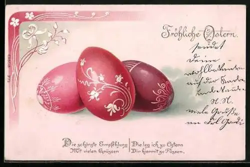 AK Rote Ostereier mit Blumenmuster, Fröhliche Ostern