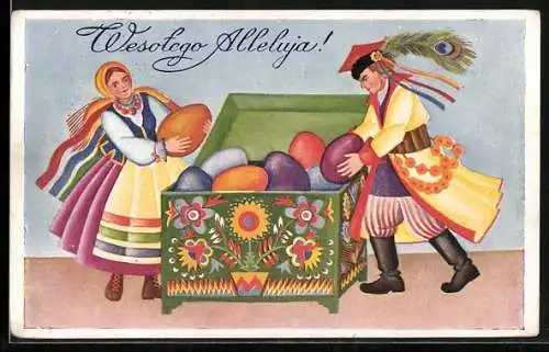 AK Mann und Frau mit Kiste voller Ostereier, Wesotego Alleluja