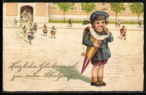 AK Schulkind nascht aus seiner Schultüte, Schulanfang