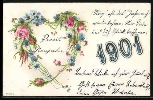 AK Jahreszahl 1901, Prosit Neujahr in herzförmigem Blumenkranz