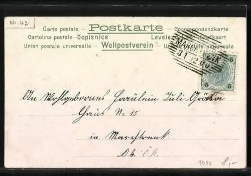 AK Jahreszahl 1901, Prosit Neujahr in herzförmigem Blumenkranz