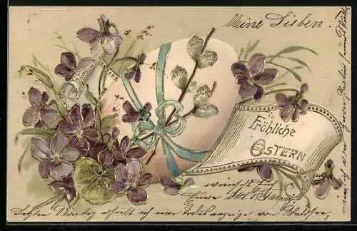 Präge-AK Oster-Grüsse mit Ei und Veilchen