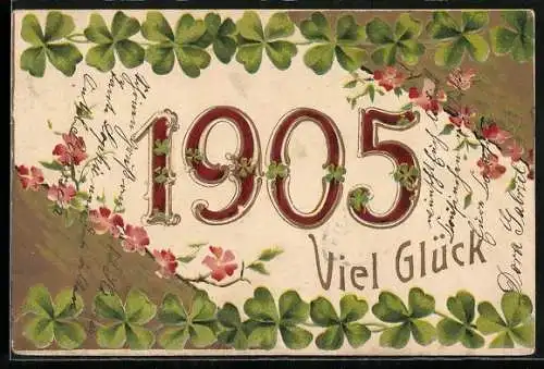 AK Jahreszahl mit Kleeblättern und Blüten, Neujahrsgruss 1905
