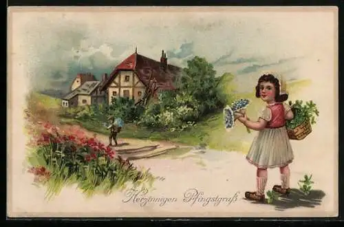 Künstler-AK Mädchen mit Blumenstrauss und Korb voller Kleeblätter, Pfingsten