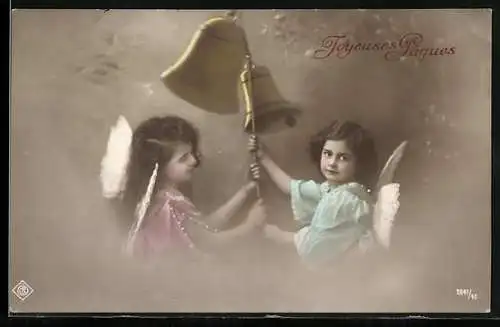 AK Zwei Osterengel läuten eine Glocke, Joyeuses Paques