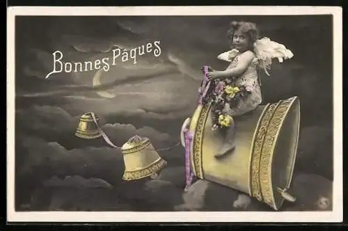 AK Osterengel sitzt au einer grossen Glocke, Bonnes Paques