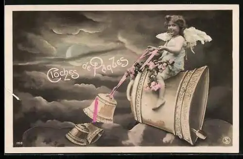 AK Kleiner Osterengel sitzt auf einer Glocke, Cloches de Paques