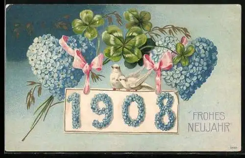 AK Jahreszahl 1908 aus Vergissmeinnicht mit Tauben, Frohes Neujahr