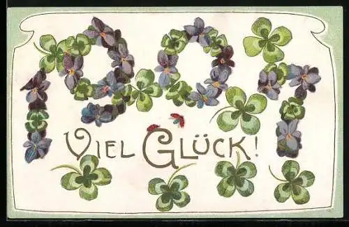 AK Jahreszahl 1907 aus Kleeblättern, Marienkäfer, Vergissmeinnicht