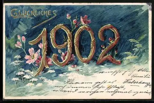 AK Jahreszahl 1902 auf einer Blumenwiese, Glückliches 1902