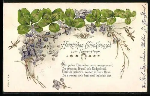 AK Kleeblätter, Hufeisen und Blumen, Herzlichen Glückwunsch zum Namenstag