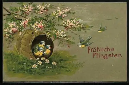 AK Meisen sitzen in einem Fass unter einem Strauch, Fröhliche Pfingsten