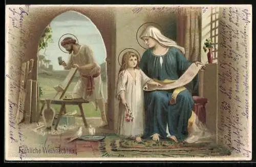 Künstler-AK Maria, Josef und Jesus in ihrem Haus, Fröhliche Weihnachten