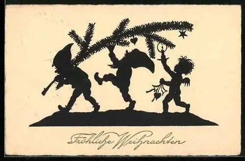 AK Zwerge und Engel mit Weihnachtsbaum, Fröhliche Weihnachten