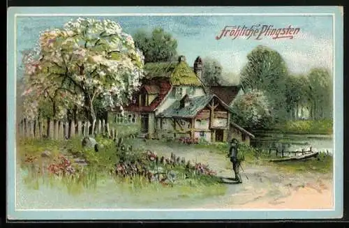 AK Haus am Wasser mit Baum in voller Blüte, Fröhliche Pfingsten