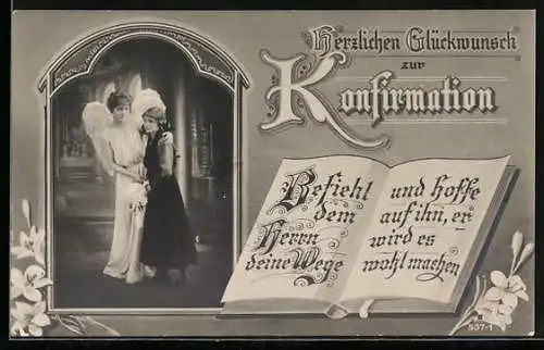 AK Mädchen mit Engel, Herzlichen Glückwunsch zur Konfirmation