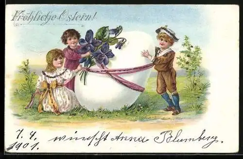 Lithographie Fröhliche Ostern!, Kinder mit Ei und Veilchen