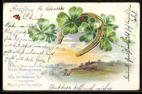 Lithographie Hufeisen mit Kleeblättern und Mariechenkäfern