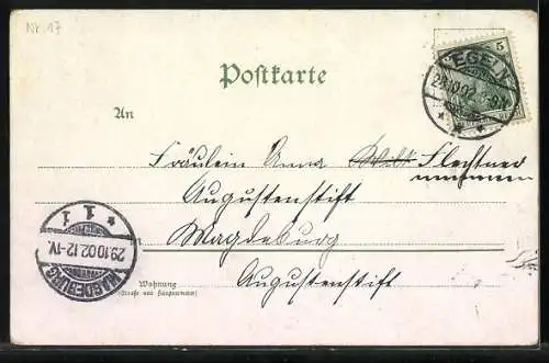 Lithographie Hufeisen mit Kleeblättern und Mariechenkäfern