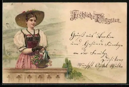 Lithographie Frau mit Blumenkorb und Hut, Fröhliche Pfingsten
