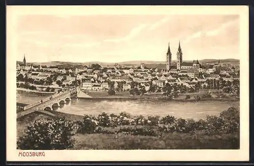 AK Moosburg, Ortsansicht mit Fluss und Brücke