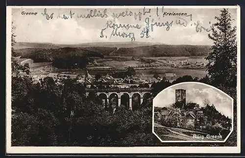 AK Greene, Totalansicht mit Viadukt und Blick nach Kreiensen, Die Burg Greene