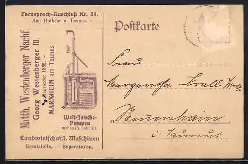AK Hofheim a. Taunus, Korrespondenzkarte von Matth. Westenberger, Welt-Jauche-Pumpen