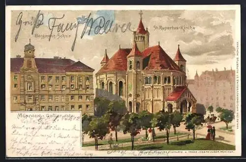 Lithographie München, Gallierplatz mit Bergmann-Schule und St. Rupertus-Kirche