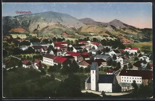 AK Grainbach, Die Kirche mit Friedhof und Blick auf die Stadt