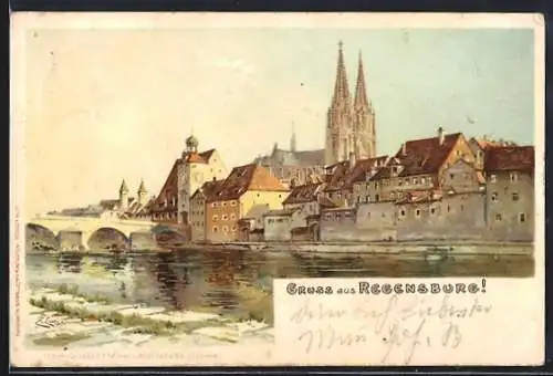 Künstler-AK Regensburg, Ortsansicht