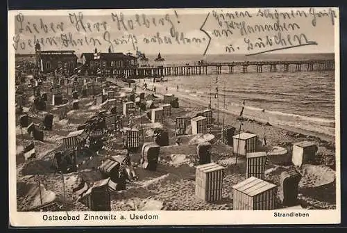 AK Zinnowitz a. Usedom, Strand und Seebrücke