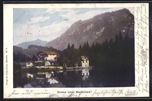 AK Badersee, Partie am See mit Blick auf die Alpen