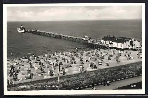 AK Zinnowitz, Strand mit Seebrücke aus der Vogelschau