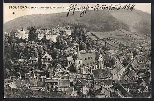 AK Stolberg a. Harz, Teilansicht mit Kirche von der Lutherbrücke aus