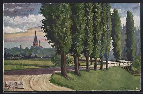 Künstler-AK Bitterfeld, Stadtblick vom Leinedamm aus