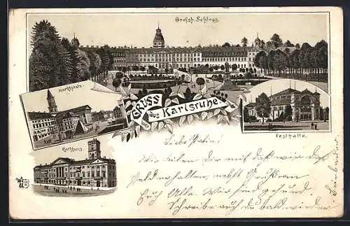 Lithographie Karlsruhe, Schloss, Festhalle, Marktplatz, Rathaus