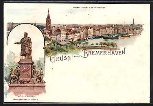 Lithographie Bremerhaven, Smidt-Denkmal, Teilansicht mit Hafen