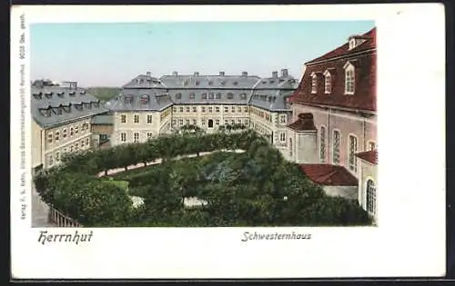 Goldfenster-AK Herrnhut, Schwesternhaus mit leuchtenden Fenstern