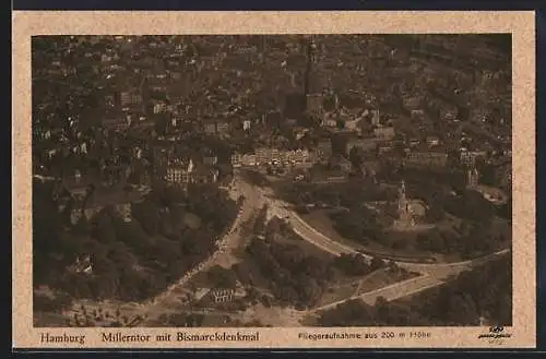 AK Hamburg-St.Pauli, Strasse am Millerntor mit Bismarckdenkmal, Fliegeraufnahme