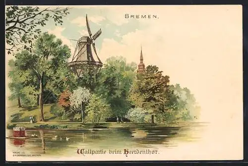 Lithographie Bremen, Wallpartie beim Heerdenthor, am Ententeich mit Blick zur Windmühle