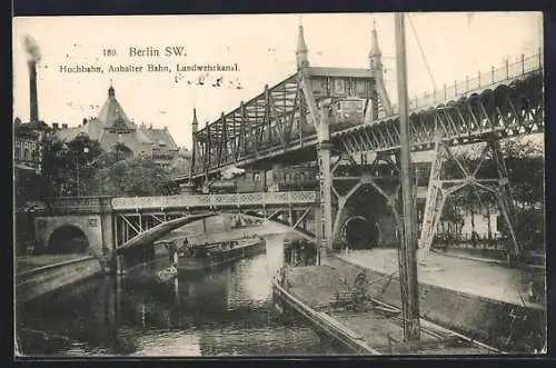 AK Berlin-Kreuzberg, Ansicht der Hochbahn, Anhalter Bahn mit Eisenbahn am Landwehrkanal