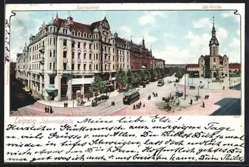 AK Leipzig, Strassenbahnen auf dem Johannisplatz