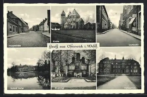 AK Osterwick / Westf., Hauptstrasse, Schloss Varlar, Volksschule, Ehrenmal, Kirche