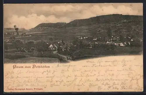 AK Delkhofen, Ortsansicht mit Feldern und Hügeln